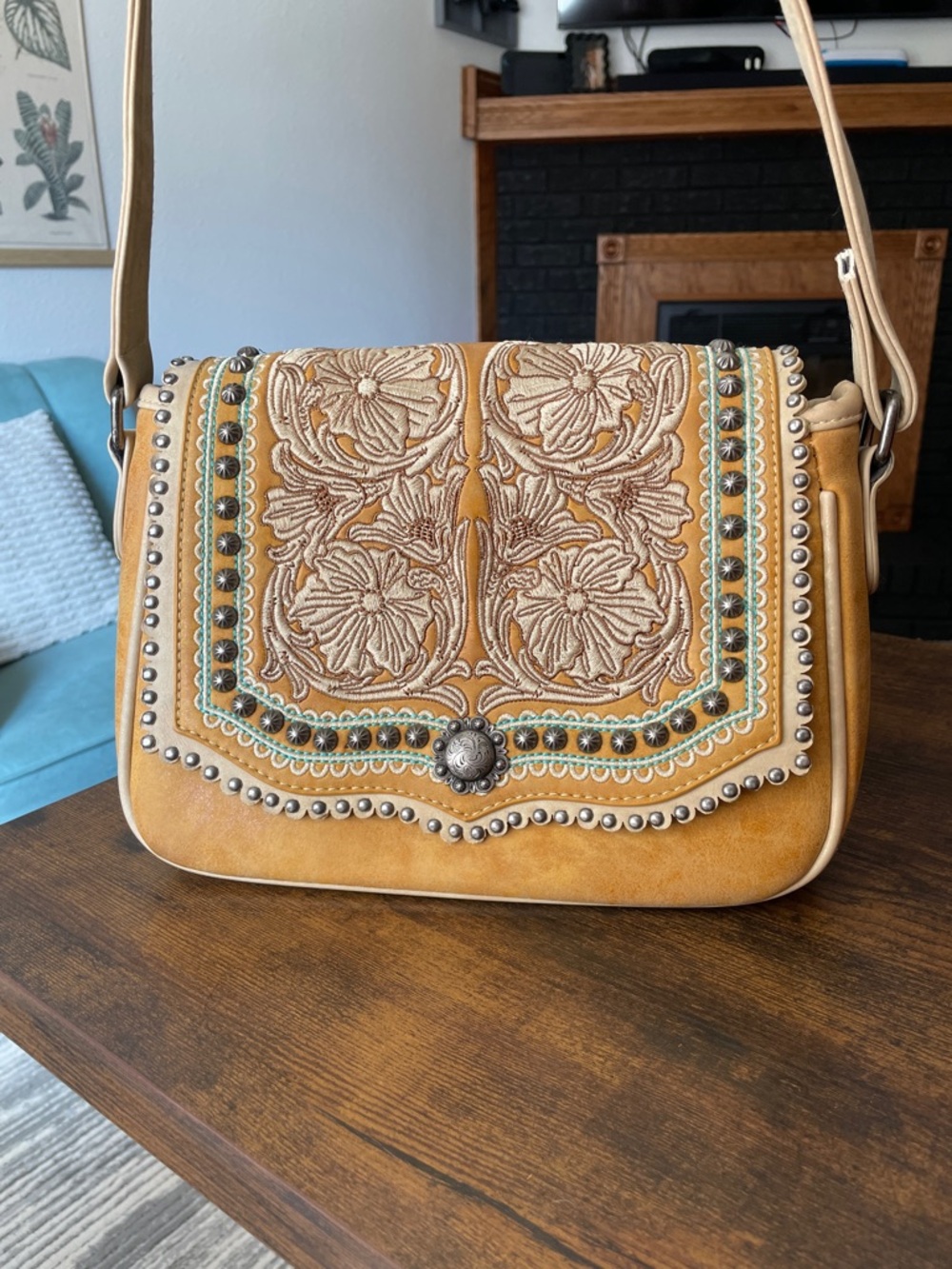 Montana West | Embroidered Floral Studded Saddle Bag - Tan